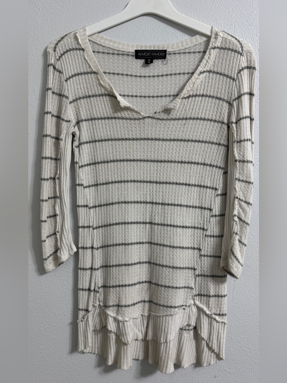 Almost Famous S Cream Gray Striped pull on Waffle Knit Top sweater top shirt